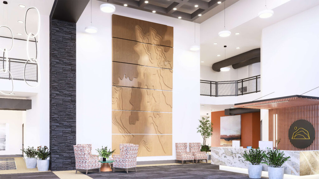 Interior digital rendering of Snow Canyon's new entryway and lobby.