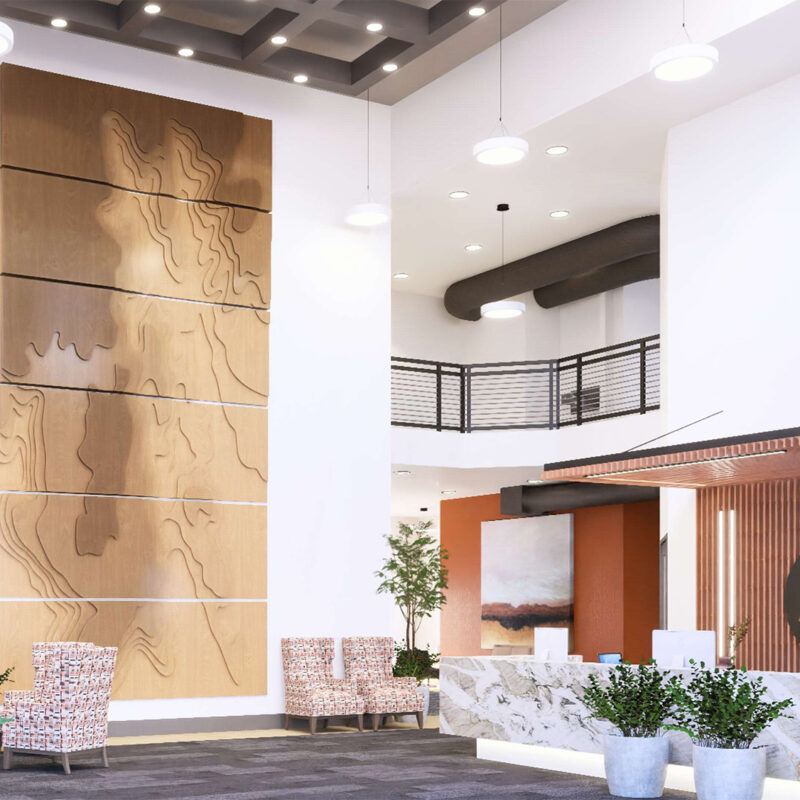 Interior digital rendering of Snow Canyon's new entryway and lobby.